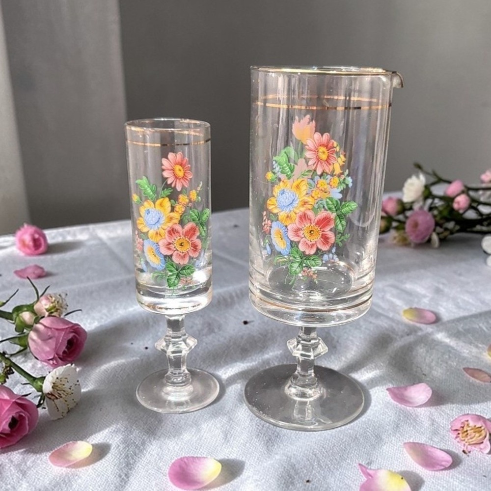 Arcopal Floral Vintage Pitcher and Glass, French Stemmed Drinkware, Glassware‎